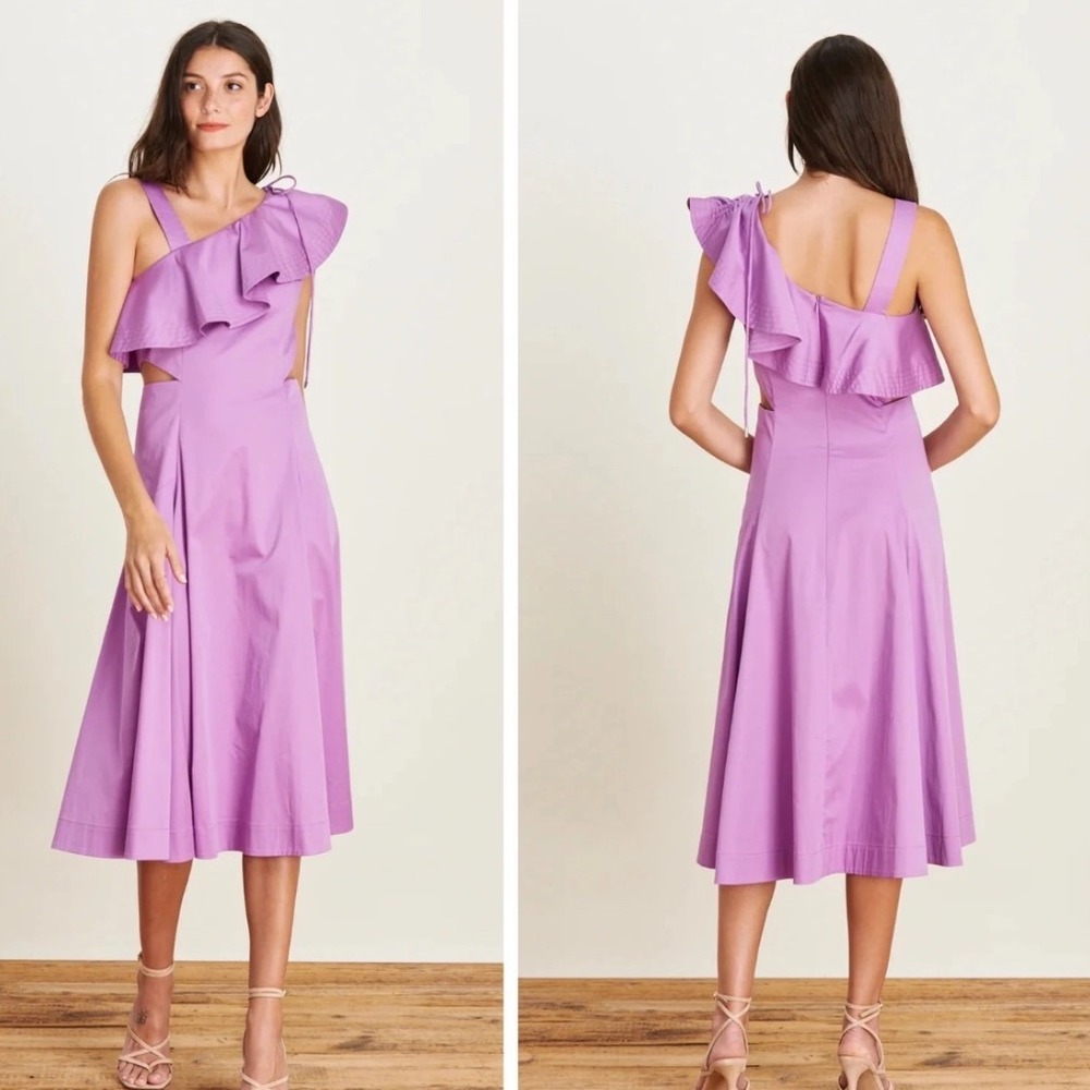 Veronica Beard Lavender One-Shoulder Ruffle Midi Dress